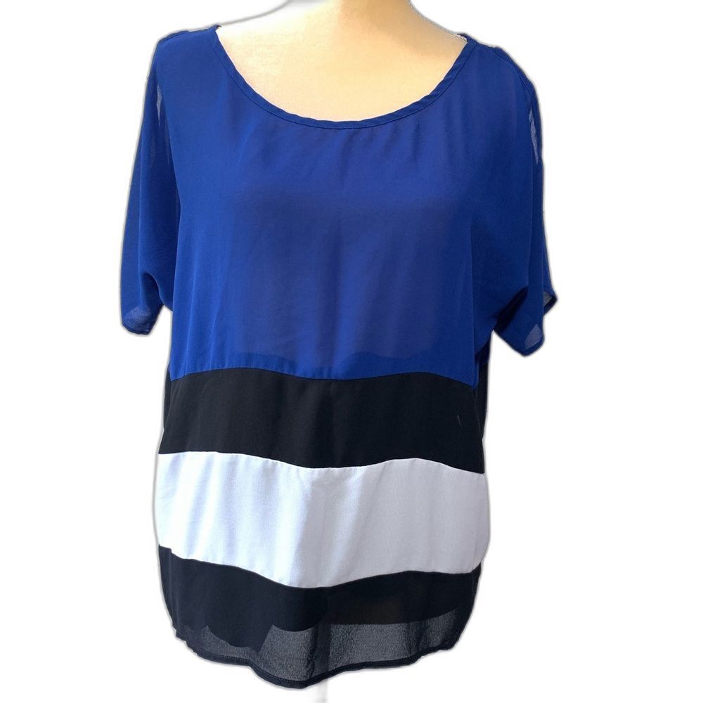 Studio‎ Y Blue Black White Colorblock Blouse Small Cold Shoulder Tunic